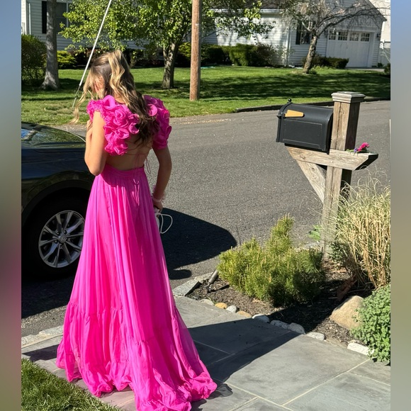 Stunning Designer Jovani Hot Pink Ruffled Shoulder A-Line...